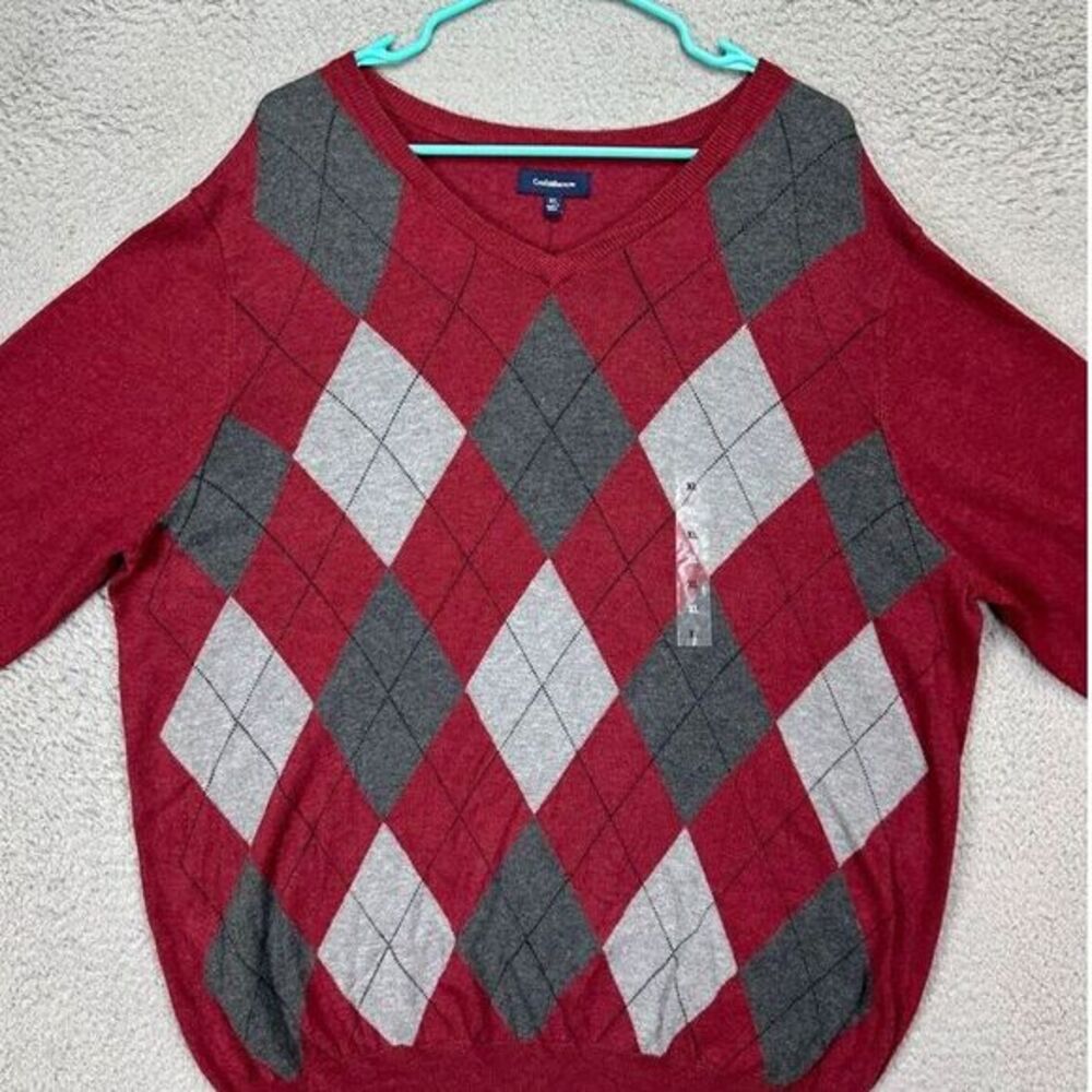 Croft Barrow Sweater Adult XL Red Argyle True Comfort V Neck‎ Pullover Mens NEW